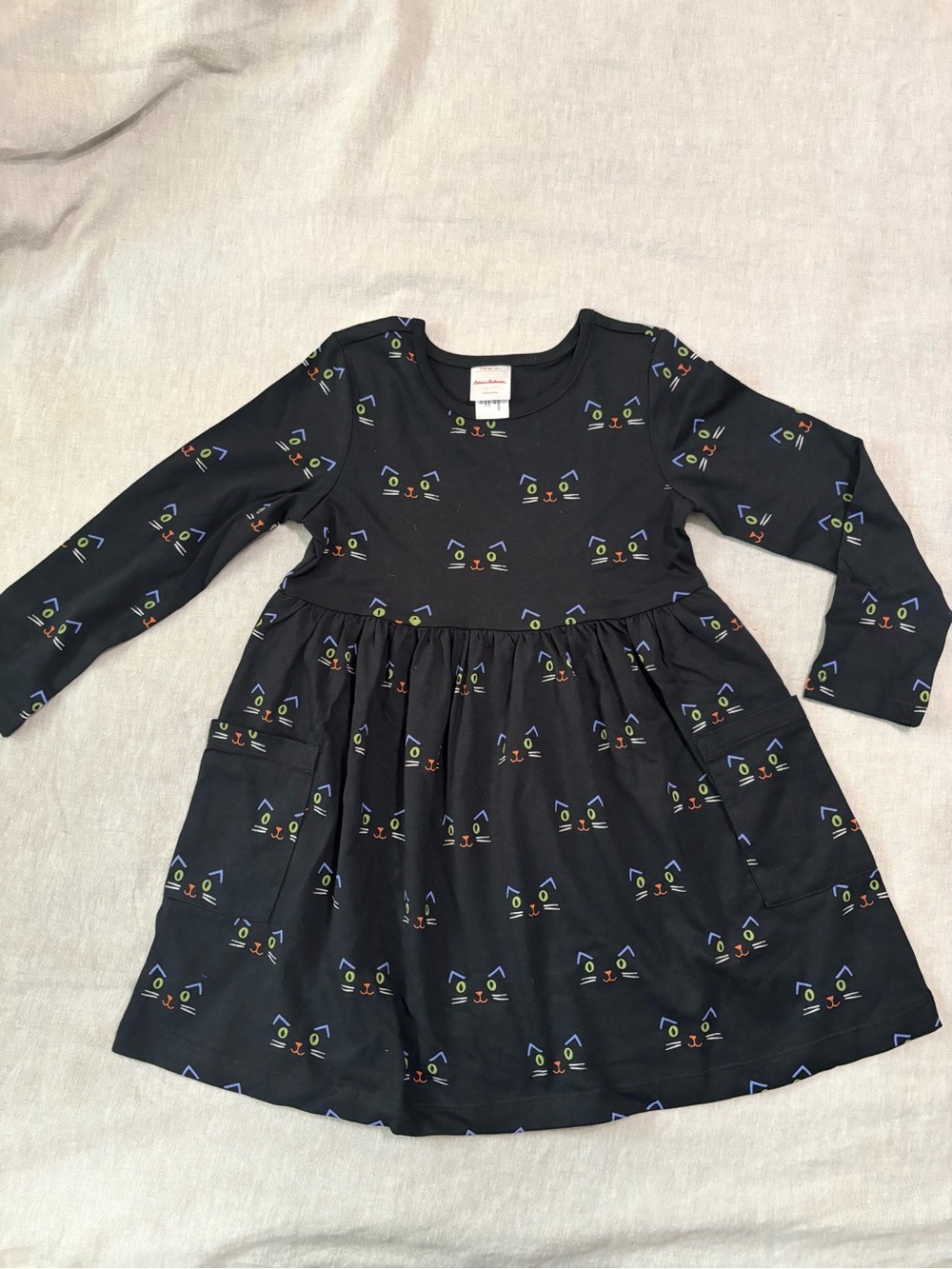 Hanna Andersson Black Long-Sleeve Dress with Cat Faces. NWOT